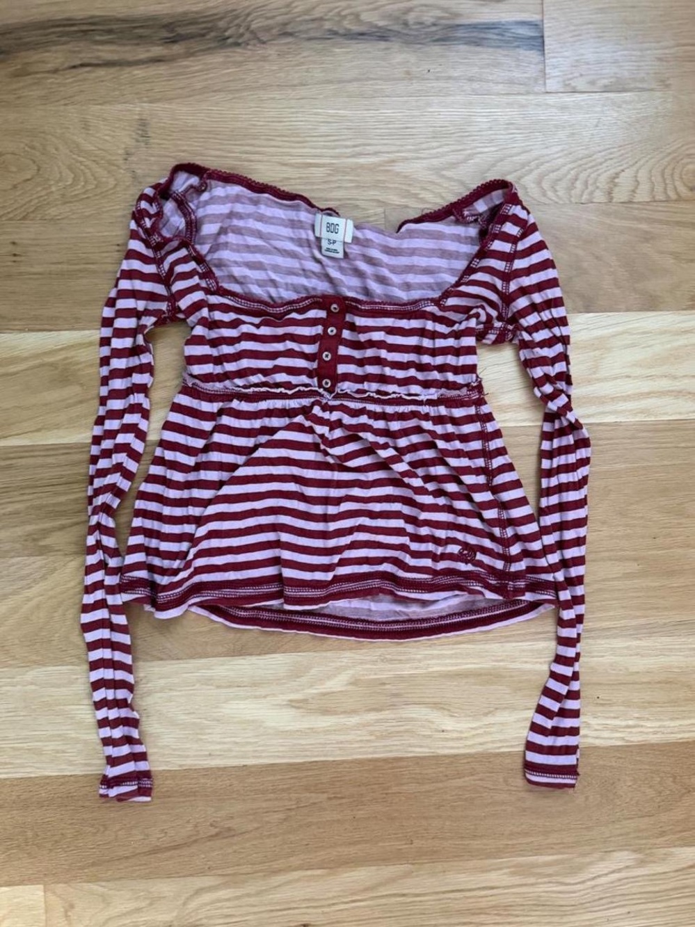 BDG Red and White Striped Long-Sleeve Scoop Neck Top